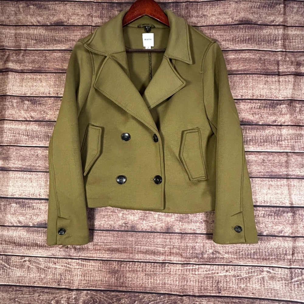 Maeve Anthropologie Olive Green Double Breasted Cropped Peacoat Jacket‎ Small